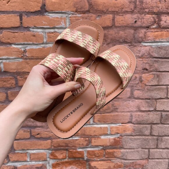 Lucky Brand Boho Brown Pink Cream Woven Fabric Sandal New in Box 7.5 Comfy Shoes - Picture 4 of 5